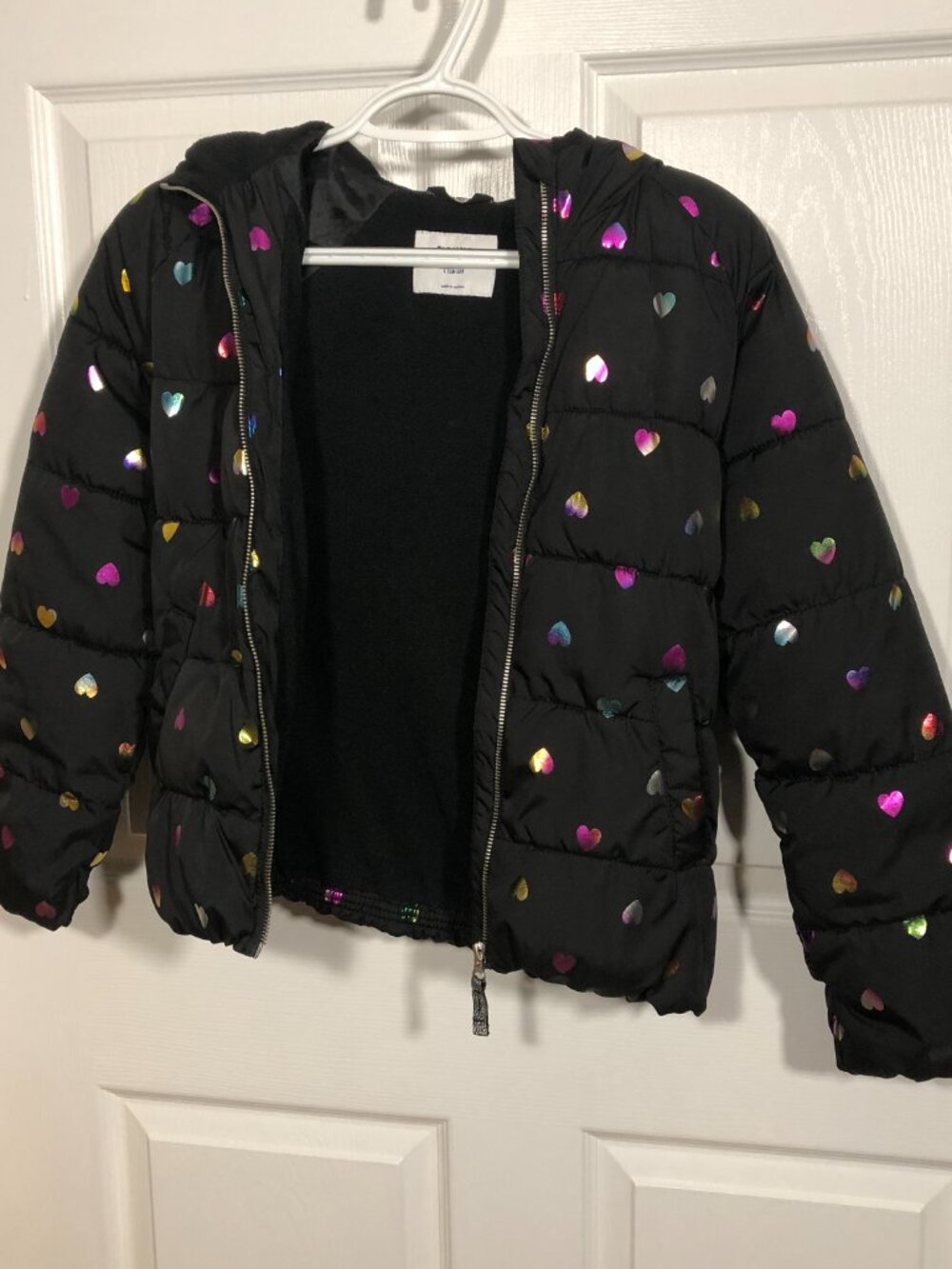 Old Navy girls' black hooded puffer coat, colorful heart prints, 10-12